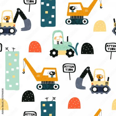 Seamless pattern with dog worker and heavy transports. Kids funny print. Vector hand drawn illustration.