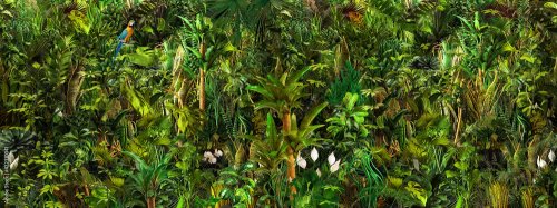 Seamless tropical nature botanical landscape, palm tree, flowers, exotic plan... - 901157795