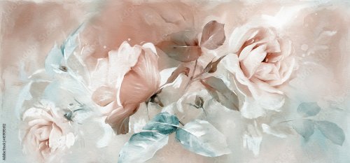 Peinture à l'huile avec fleurs roses et feuilles - 901157792