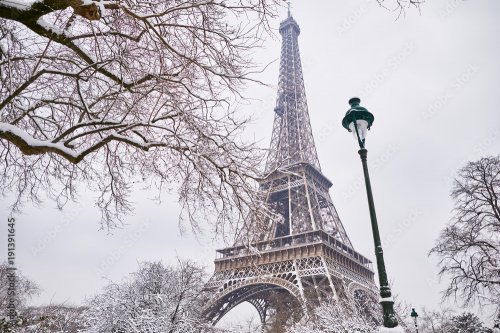 Vue panoramique sur la tour Eiffel un jour lors de fortes chutes de neige - 901157770