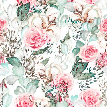 Beautiful watercolor pattern with eucalyptus and rose.