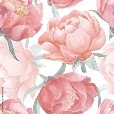 Peony bloom watercolor seamless pattern. Hand painted vintage floral seamless... - 901157916