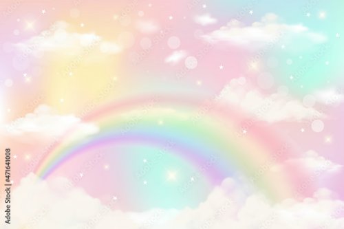 Holographic fantasy rainbow unicorn background with clouds. Pastel color sky. - 901157945
