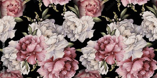 Seamless floral pattern with peonies on dark background, watercolor. Template design for textiles, interior, clothes, wallpaper. Botanical art