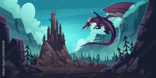 Black spooky castle and flying dragon in canyon with mountains and forest. - 901157967