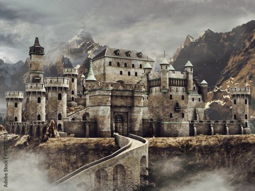 Paysage de montagne avec un château de conte de fées - 901157964