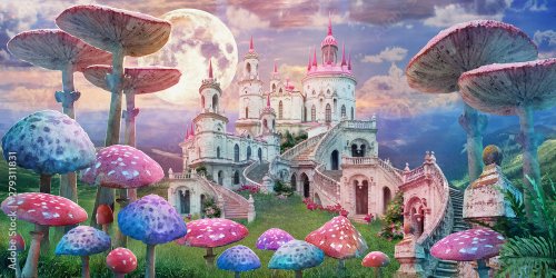 Fantastic landscape with mushrooms. illustration to the fairy tale Alice in Wonderland