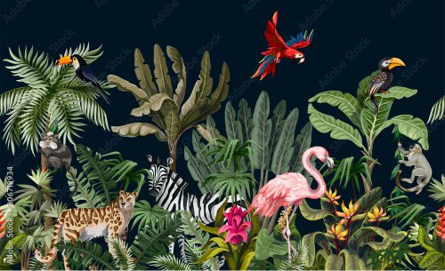 Animaux de la jungle avec fleurs et arbres sur fond foncé - 901158040