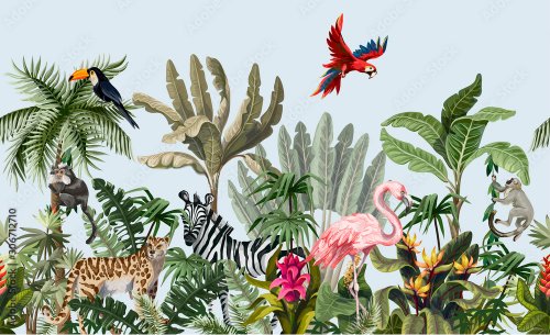 Seamless border with jungle animals, flowers and trees