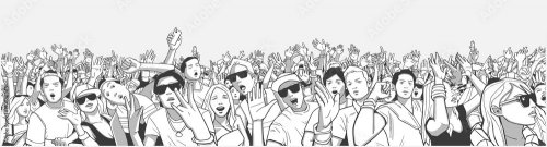Stylized illustration festival crowd at live concert partying and having fun in panorama black and white