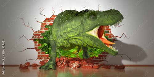 Dinosaure rampant hors d'une faille dans le mur - 901158041