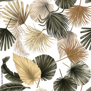 Tropical floral dried palm leaves seamless pattern white background