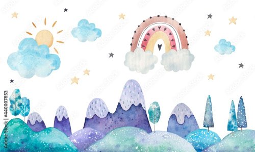 Scandinavian style landscape with mountains, trees, rainbow, cute children's watercolor illustration