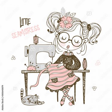 Cute girl seamstress sews on a sewing machine dress. Doodle style.