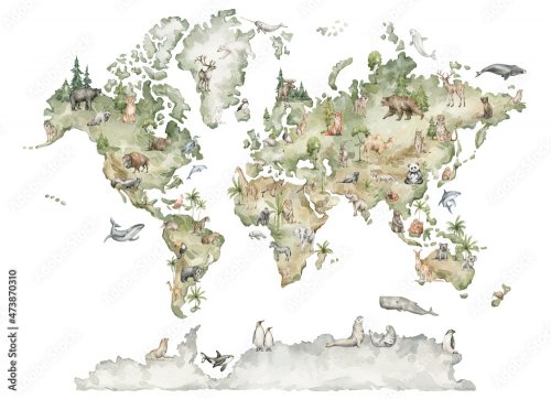 Carte du monde en aquarelle avec animaux et éléments naturels - 901158072