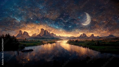 Beautiful Moon and River at Night with Mountains and Stars illustration. - 901158093