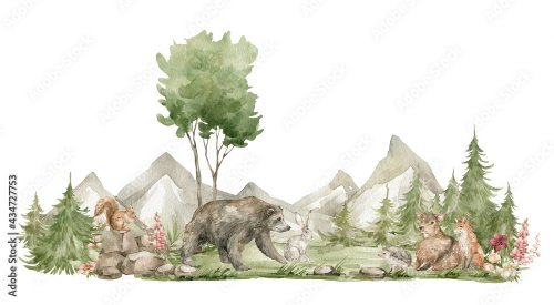 Paysage de forêt en aquarelle. Arbres, montagnes, sapins, animaux sauvages. Ours, cerf, renard, fleurs de prairie.