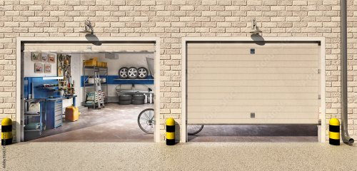 Garage with two roller doors, look outside, 3d illustration - 901158131