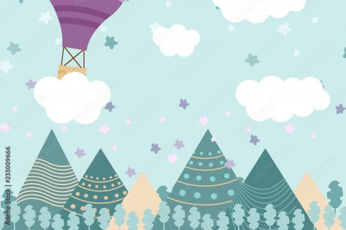 Kids room graphic illustration winter forest, mountain, and air balloon