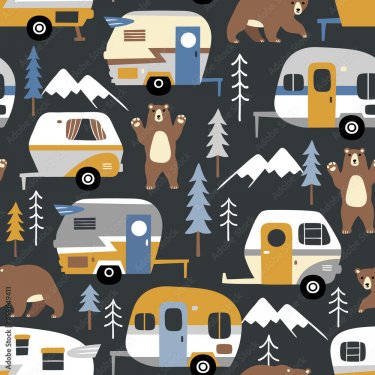 Motif de caravanes de camping vintage, ours et sapins - 901158147