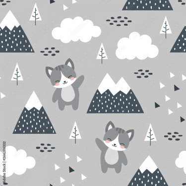 Cat Seamless Pattern Background, Scandinavian Happy cute kitty in the forest between mountain tree and cloud