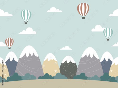 Seamless background design with mountains, forests, clouds, and hot air balloons