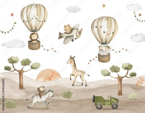 Animaux de safari avec lion, zèbre, girafe, singe et éléphant en montgorlfière  - 901158209