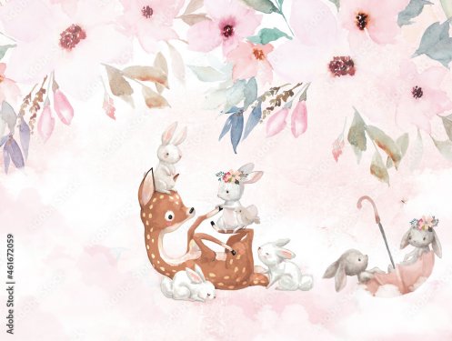 Bébé chevreuil s'amusant avec ses amis lapins sur un fond de fleurs