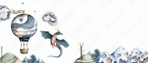 Dragon magique volant et montgolfière avec paysage de forêt et de montagnes