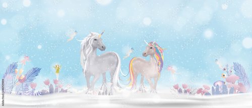 Famille de licornes marchant sur la neige avec de petites fées volantes