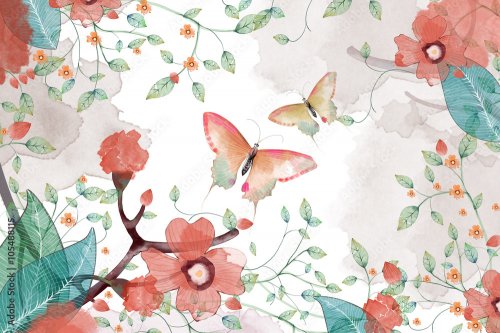 Illustration abstraite de fleurs, feuilles et papillons - 901158174