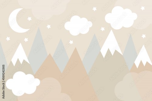 Mountains, clouds, moon and stars in scandinavian style