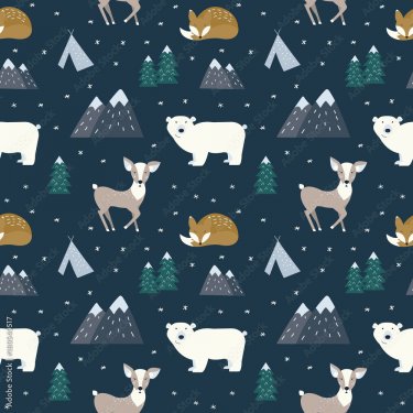 Hand drawn scandinavian animals in the forest seamless pattern - 901158185