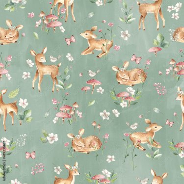 Watercolor seamless pattern with baby deer and ...