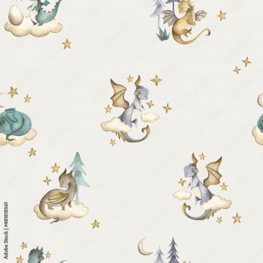 Dragon baby animals watercolor seamless pattern - 901158202