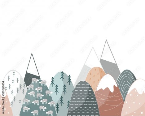 Cute seamless border pattern with doodle hand drawn mountains