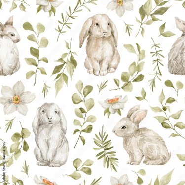 Watercolor seamless pattern with cute white rabbits and leaves. - 901158210