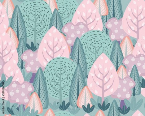 Hand drawn abstract scandinavian graphic illustration seamless pattern with trees and bush