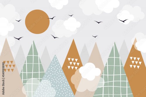 Hand drawn modern mountains in doodle style. Sun, birds, clouds and mountains. 