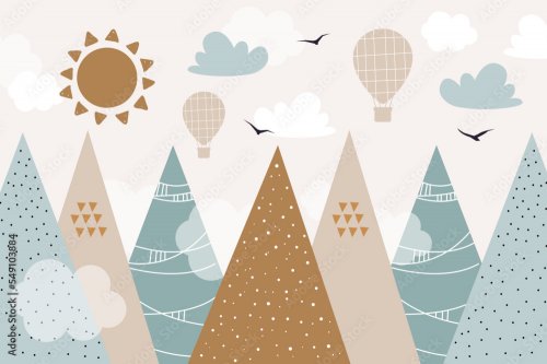 Paysage abstrait de montagnes, soleil, montgolfières et oiseaux