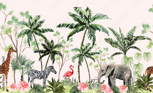 Paysage botanique de jungle vintage tropical dessiné à la main avec palmiers, bananiers, fleurs d'hibiscus, girafe, zèbre, éléphant