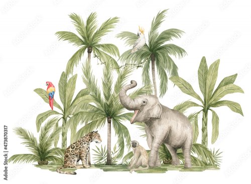 Watercolor safari animals and tropical palms - 901158274