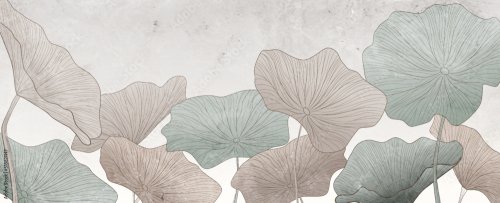 Lotus leaves in green and brown tones in line s...