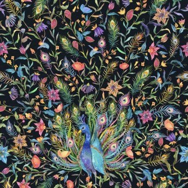 Seamless pattern with watercolor peacock and flower illustration
