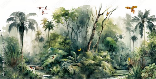 Illustration d'une forêts tropicale d'arbres et de palmiers avec des oiseaux,... - 901158261