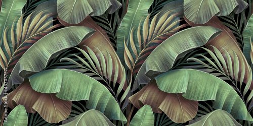 Tropical seamless pattern with beautiful palm, banana leaves - 901158260