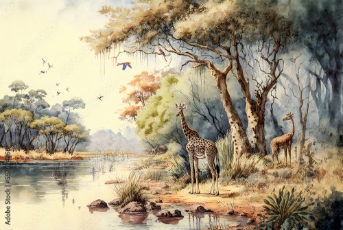 Watercolor painting style, landscape on an African tropical forest with trees... - 901158262