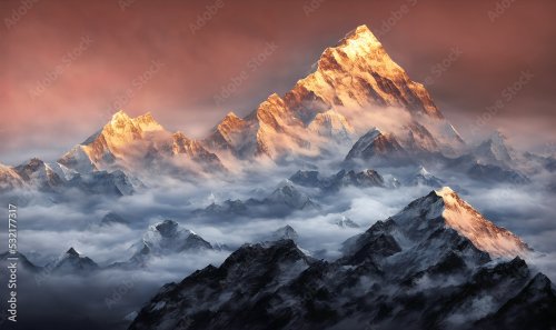 View of the Himalayas during a foggy sunset night - 901158276