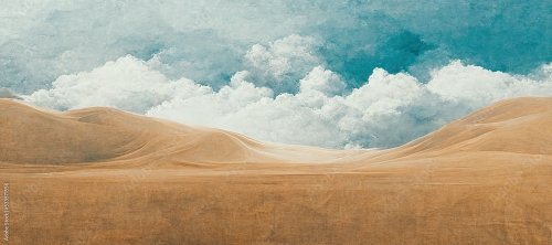 Endless desolate desert dunes, far horizon with spectacular clouds - 901158323
