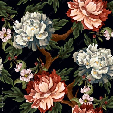 Ornate seamless pattern with vintage peonies, roses and chrysanthemums - 901158320